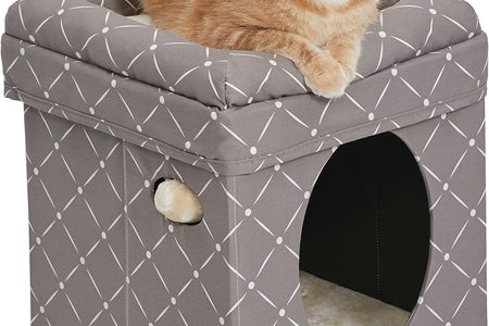 Cat Cube - Cat House / Cat Condo in Fashionable Mushroom Diamond Print, 15.5L X 15.5W X 16.5H Inches