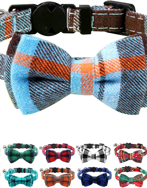 Load image into Gallery viewer, Upgraded Cat Collar with Bells, Breakaway Cat Collars with Bow Tie, 1 Pack Girl Boy Safety Plaid Kitten Collars, Haze Blue
