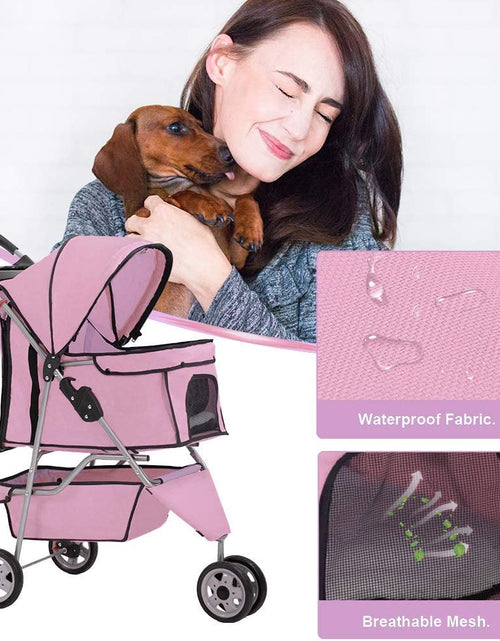 Load image into Gallery viewer, 3 Wheels Pet Dog Stroller Cat Cage for Medium Small Dogs Cats Travel Folding Carrier Waterproof Puppy Stroller with Cup Holder &amp; Removable Liner,Pink
