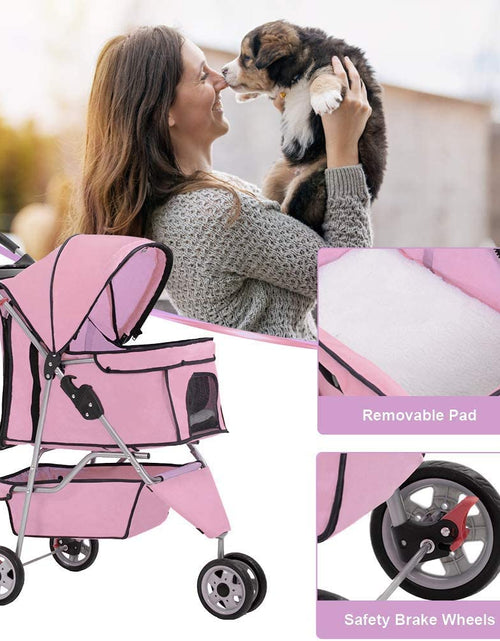 Load image into Gallery viewer, 3 Wheels Pet Dog Stroller Cat Cage for Medium Small Dogs Cats Travel Folding Carrier Waterproof Puppy Stroller with Cup Holder &amp; Removable Liner,Pink
