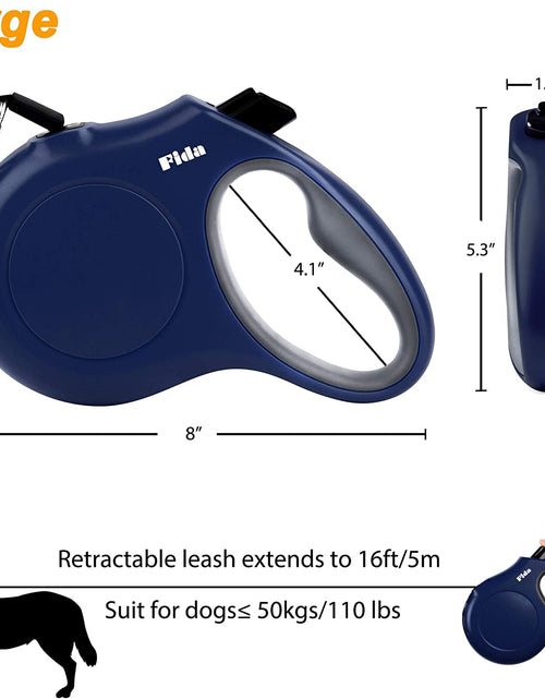 Load image into Gallery viewer, Retractable Dog Leash with Dispenser and Poop Bags, 16 Ft Pet Walking Leash for Large Dog up to 110 Lbs, Anti-Slip Handle, Tangle-Free, Reflective Nylon Tape (L, Navy Blue)
