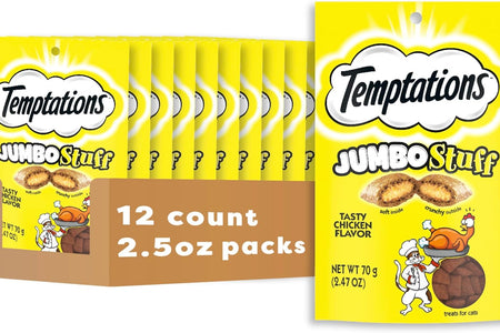 Jumbo Stuff Crunchy and Soft Cat Treats Tasty Chicken Flavor, 2.5 Oz. Pouch, Pack of 12