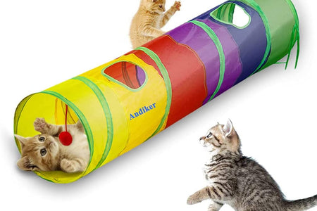 Cat Tunnel for Indoor Cats, 45" Long Rainbow Collapsible Kitten Tube with a Fun Ball and 2 Holes Cat Play Tunnel, Rabbit Tunnel for Kittens Exercising Hiding Training and Running(Colorful)