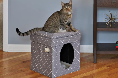 Cat Cube - Cat House / Cat Condo in Fashionable Mushroom Diamond Print, 15.5L X 15.5W X 16.5H Inches