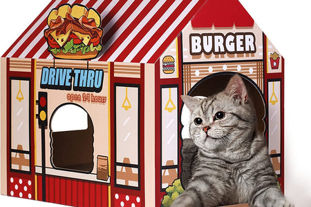 Cardboard Cat House with Scratcher/Catnip, (16.5''X12''X15'') Burger Shop for Indoor/Outdoor Cats, Cat Play House&Home Decor, Cat Scratch Toy, Hideout for Bunny&Small Animals
